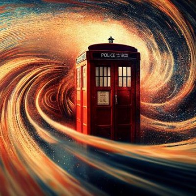 A graphic of Doctor Who's tardis surrounded by swirling red and yellow light rays.